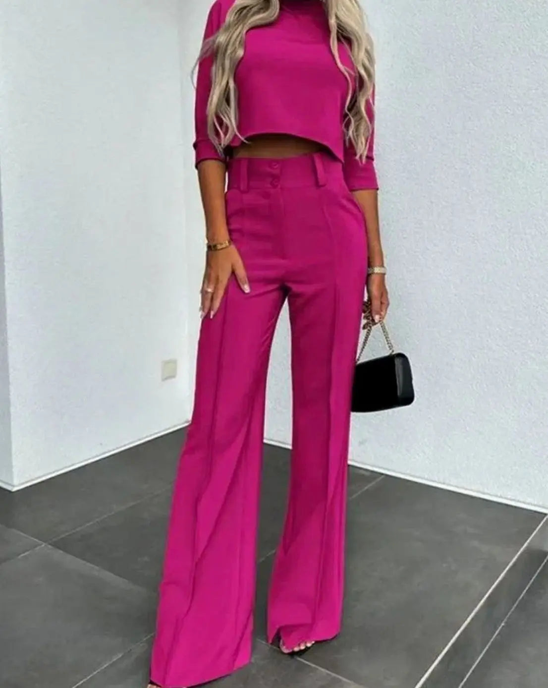 Conjunto de dos piezas para mujer con top corto a juego y pantalón de pierna ancha de talle alto
