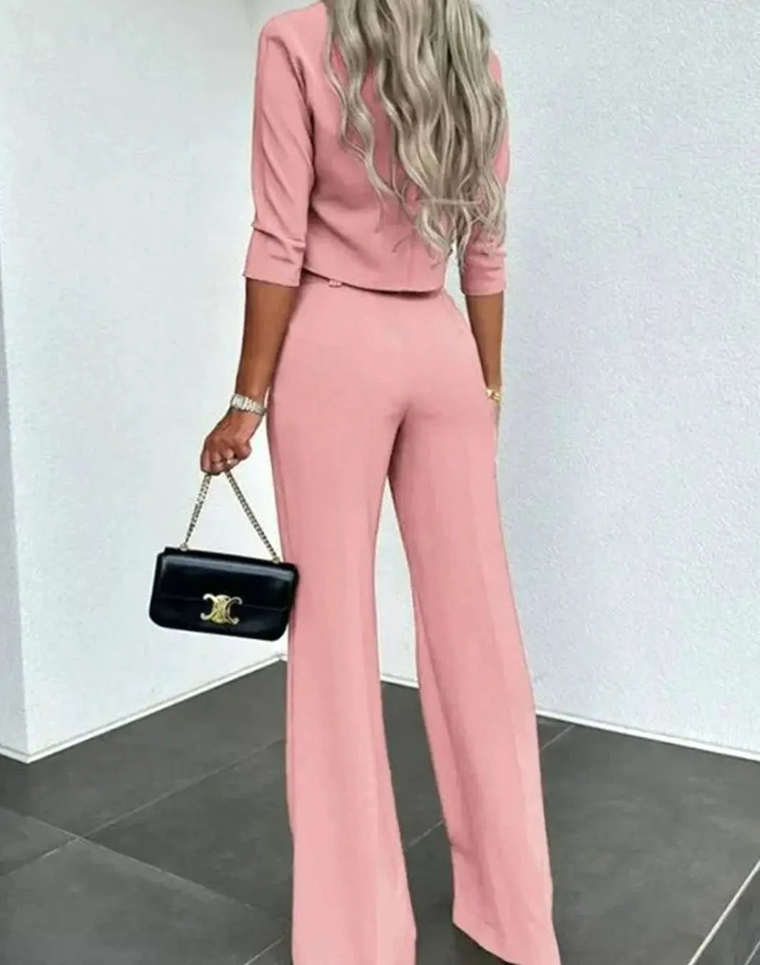 Conjunto de dos piezas para mujer con top corto a juego y pantalón de pierna ancha de talle alto