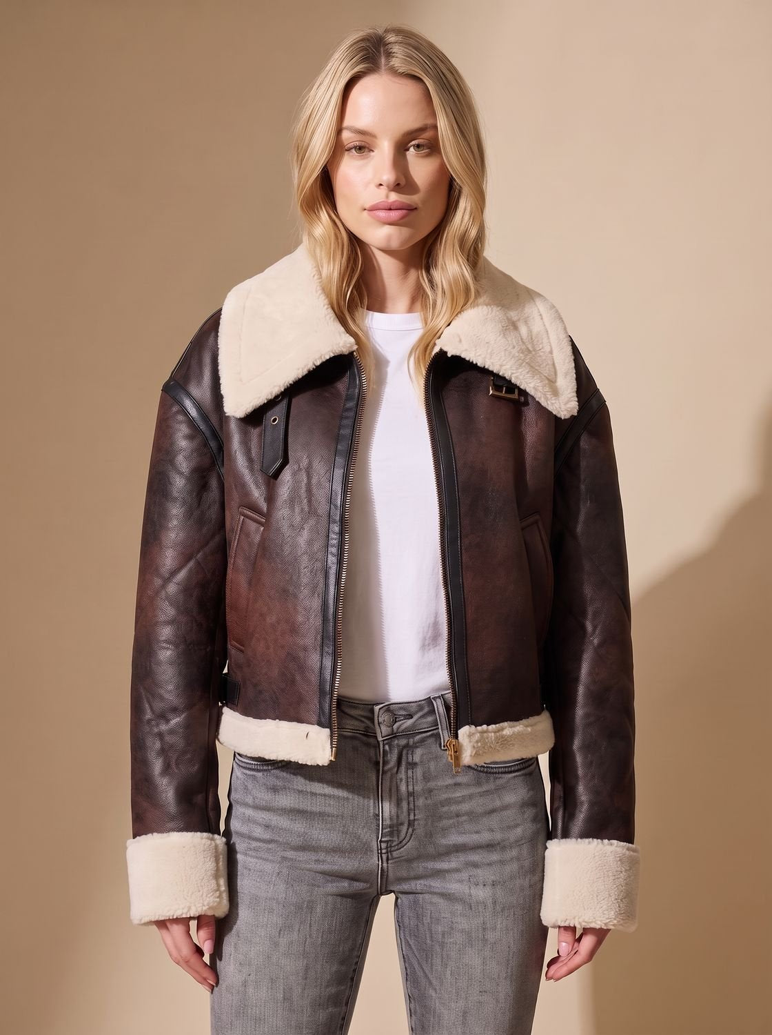 Emily | Chaqueta corta estilo aviador de cuero sintético con ribete de borreguito para mujer