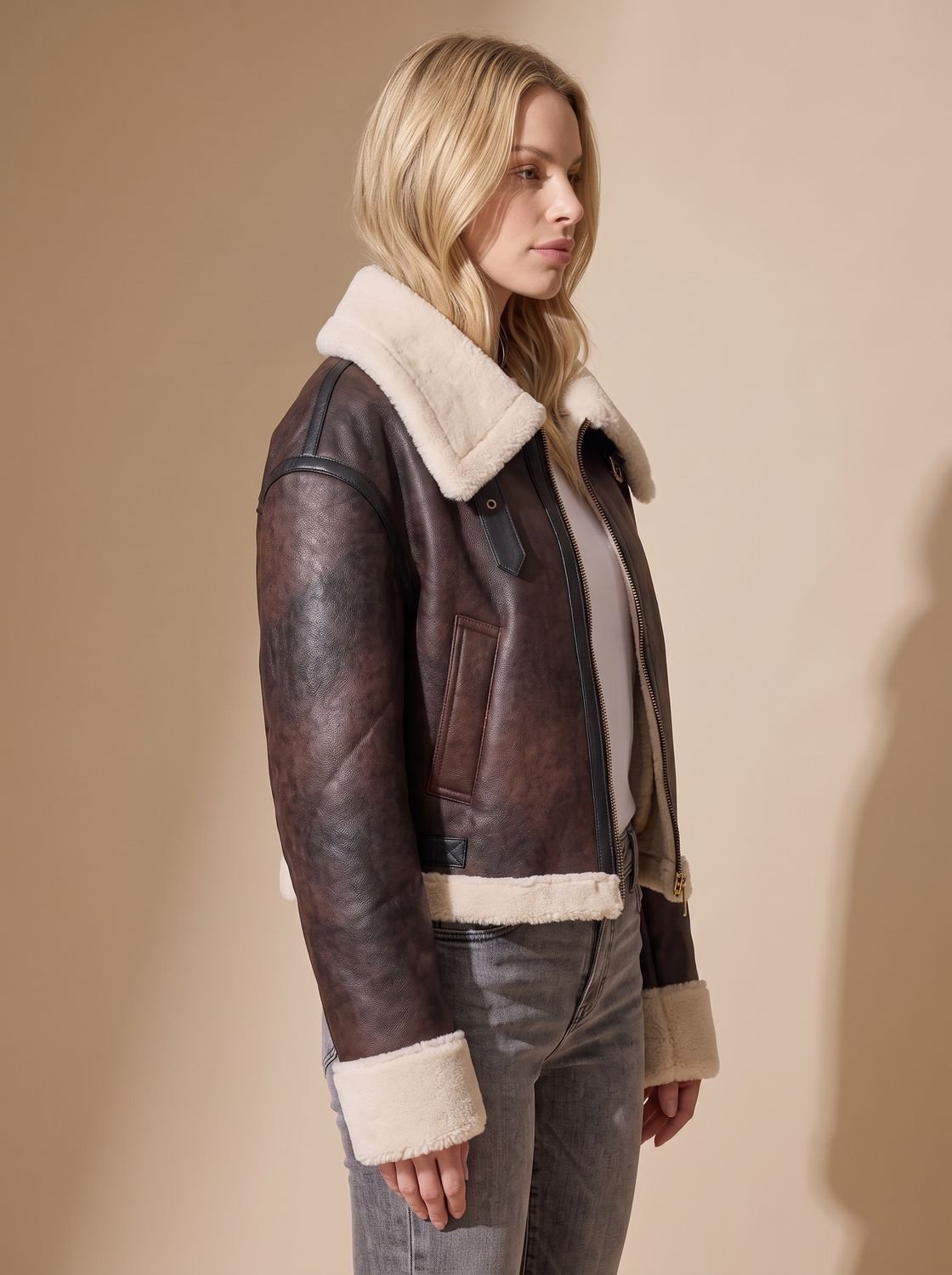 Emily | Chaqueta corta estilo aviador de cuero sintético con ribete de borreguito para mujer