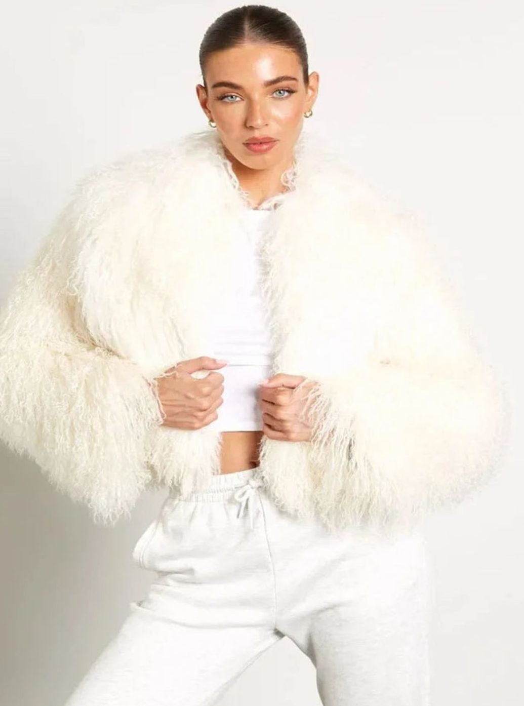 Chaqueta corta de piel sintética estilo teddy para mujer con mangas largas