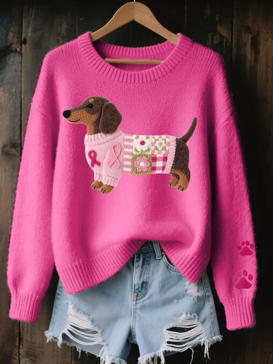Suéter de punto para mujer con estampado floral y parches de perro salchicha