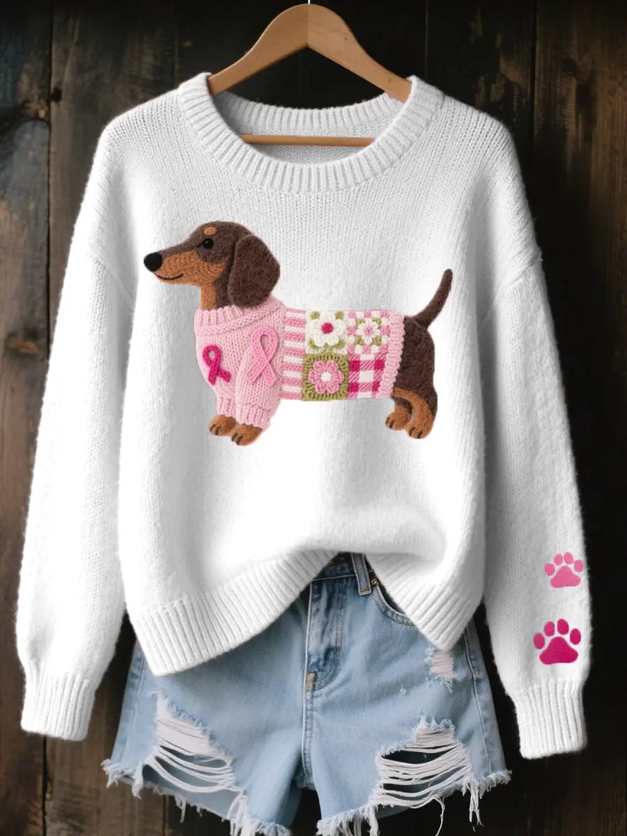 Suéter de punto para mujer con estampado floral y parches de perro salchicha
