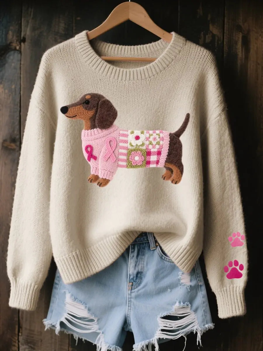 Suéter de punto para mujer con estampado floral y parches de perro salchicha