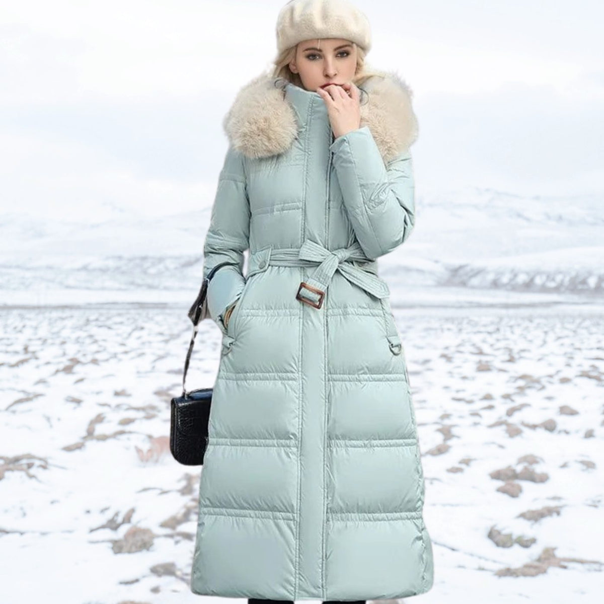 Parka larga de invierno para mujer con capucha de piel de diseño