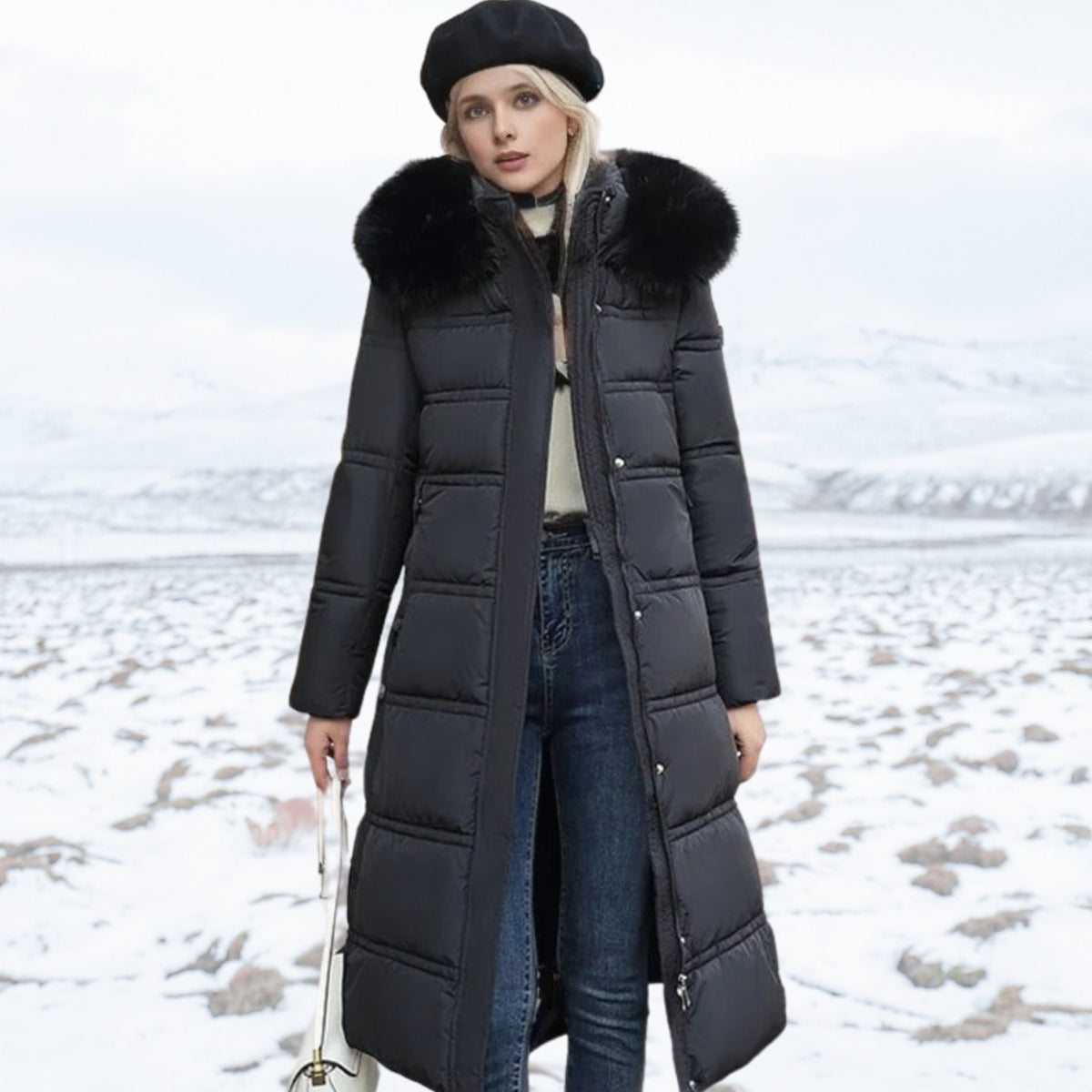 Parka larga de invierno para mujer con capucha de piel de diseño