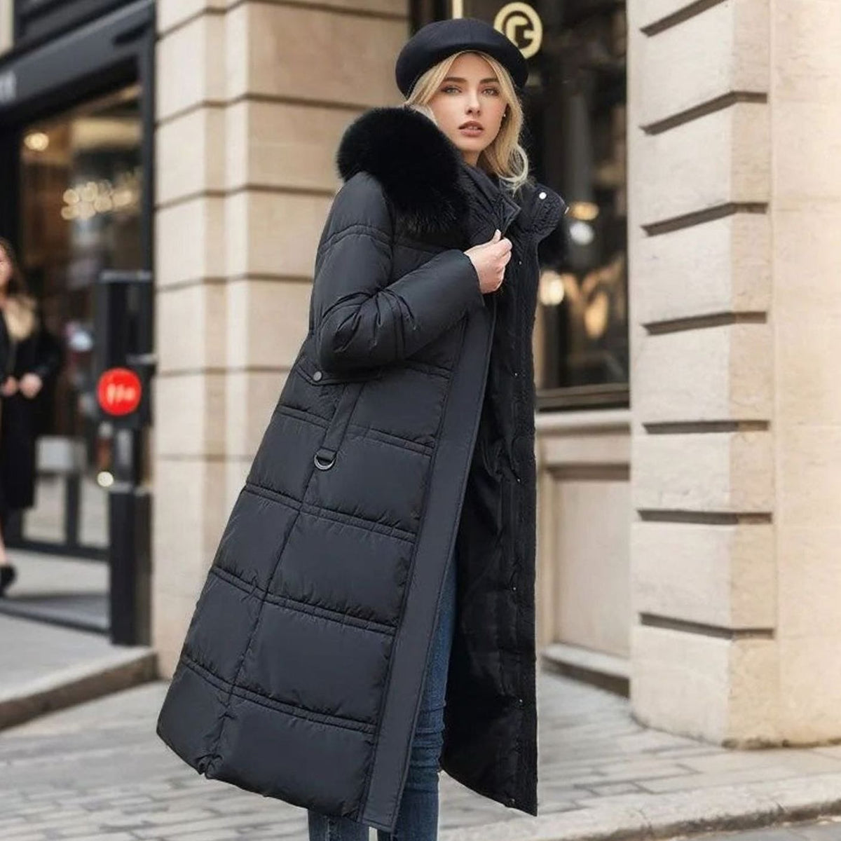 Parka larga de invierno para mujer con capucha de piel de diseño