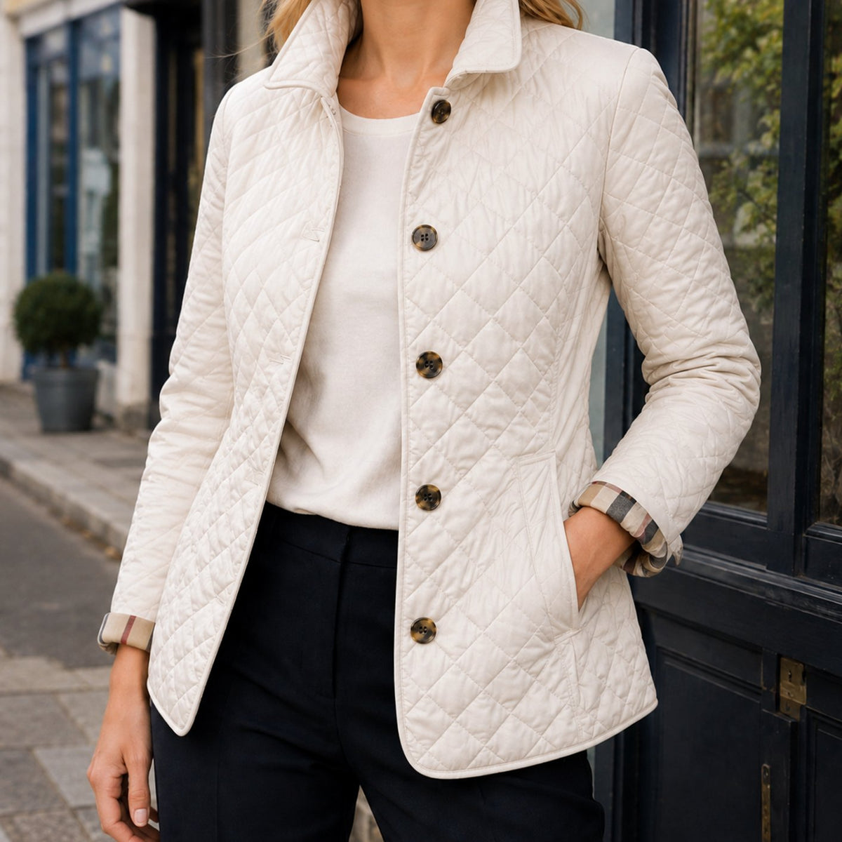 Chaqueta acolchada para mujer con patrón de rombos, botones delanteros y puños de cuadros