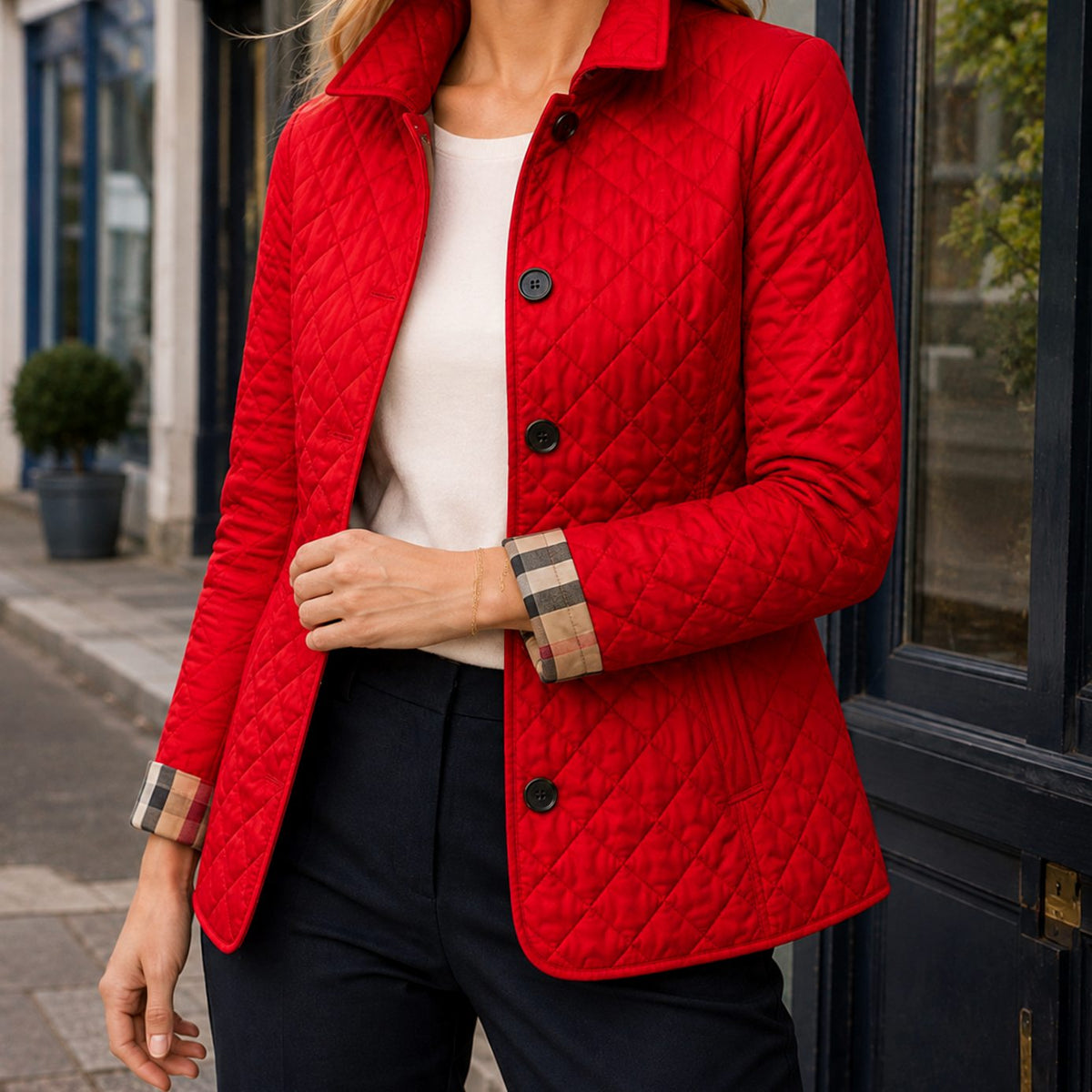 Chaqueta acolchada para mujer con patrón de rombos, botones delanteros y puños de cuadros