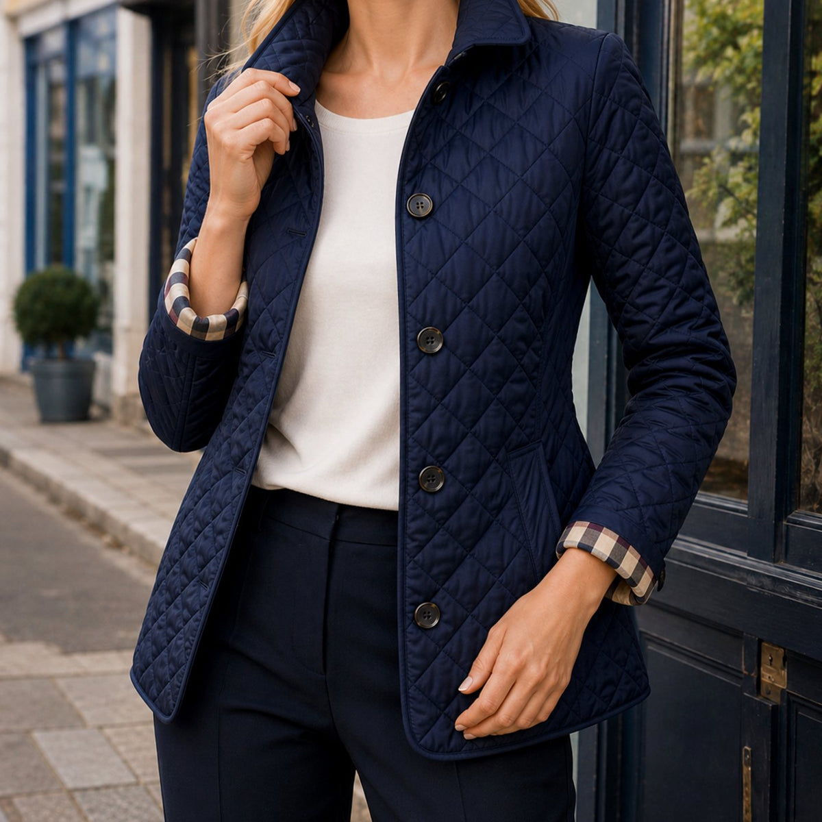 Chaqueta acolchada para mujer con patrón de rombos, botones delanteros y puños de cuadros