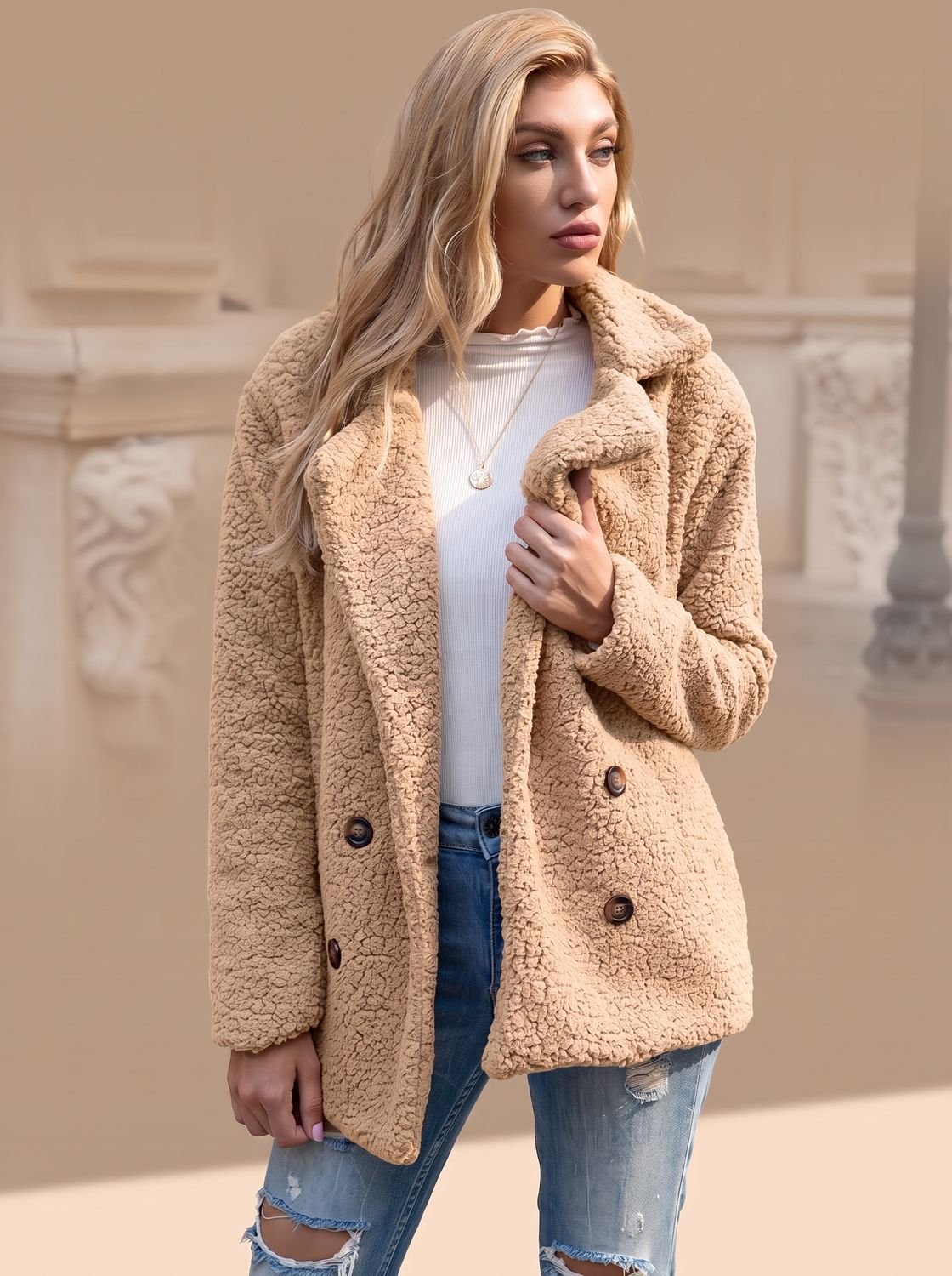 Sienna | Abrigo de peluche de doble botonadura con solapa de muesca y piel sintética, para mujer