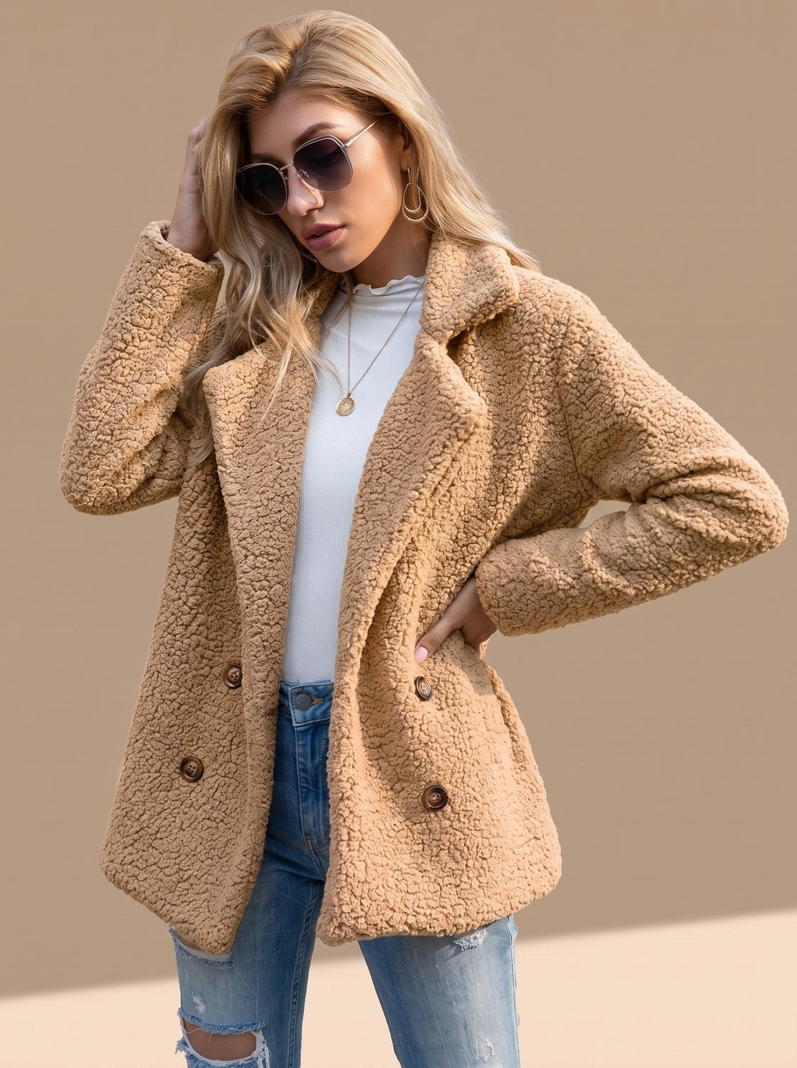 Sienna | Abrigo de peluche de doble botonadura con solapa de muesca y piel sintética, para mujer