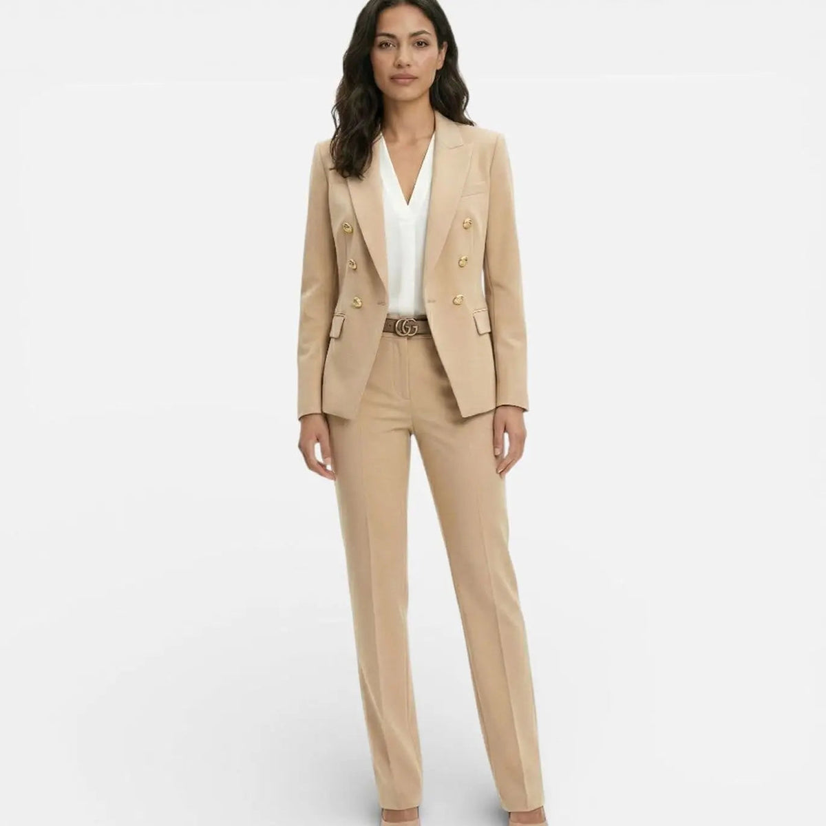 Conjunto de traje para mujer con blazer y pantalón entallados cruzados y botones dorados