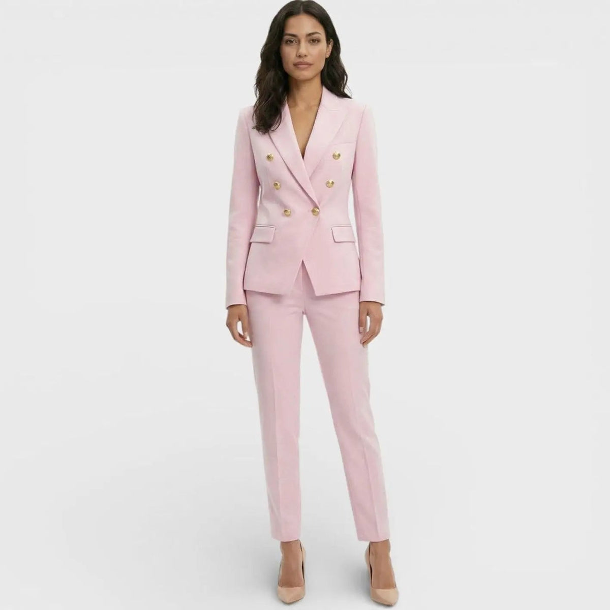Conjunto de traje para mujer con blazer y pantalón entallados cruzados y botones dorados