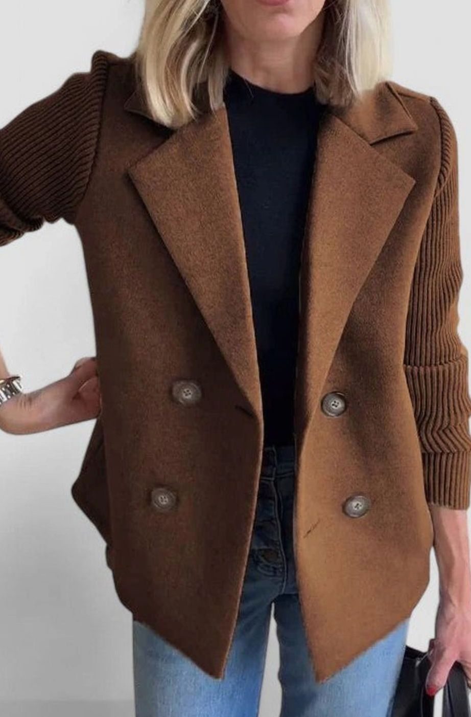 Blazer de punto entallado cruzado para mujer con mangas de punto