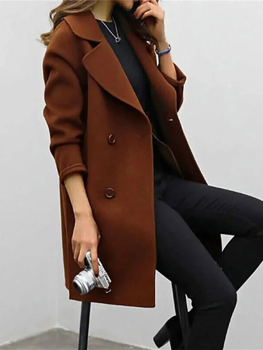 Abrigo-chaqueta largo de mujer de mezcla de lana con doble botonadura