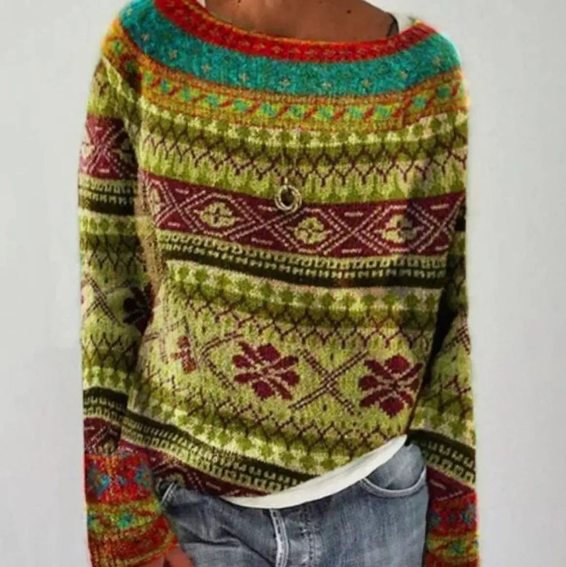 Jersey de punto Fair Isle de mujer con cuello redondo y manga larga
