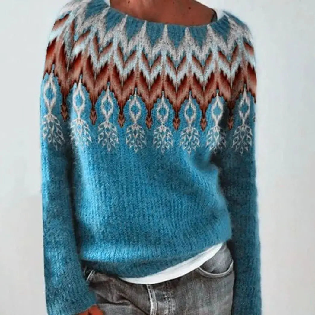 Jersey de punto Fair Isle de mujer con cuello redondo y manga larga