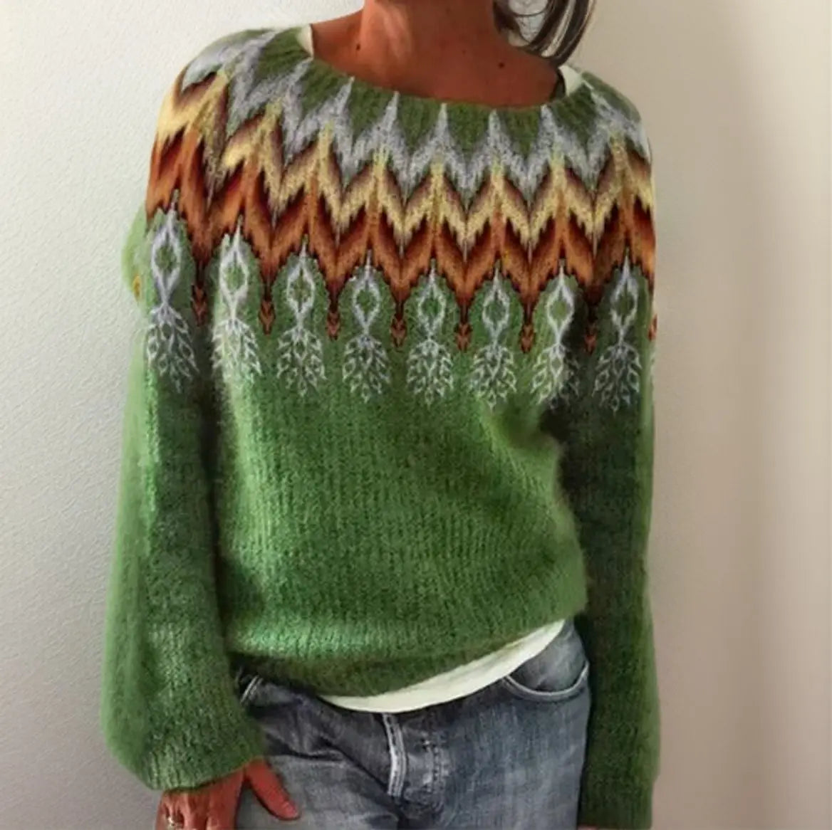 Jersey de punto geométrico Fair Isle de mujer con cuello redondo