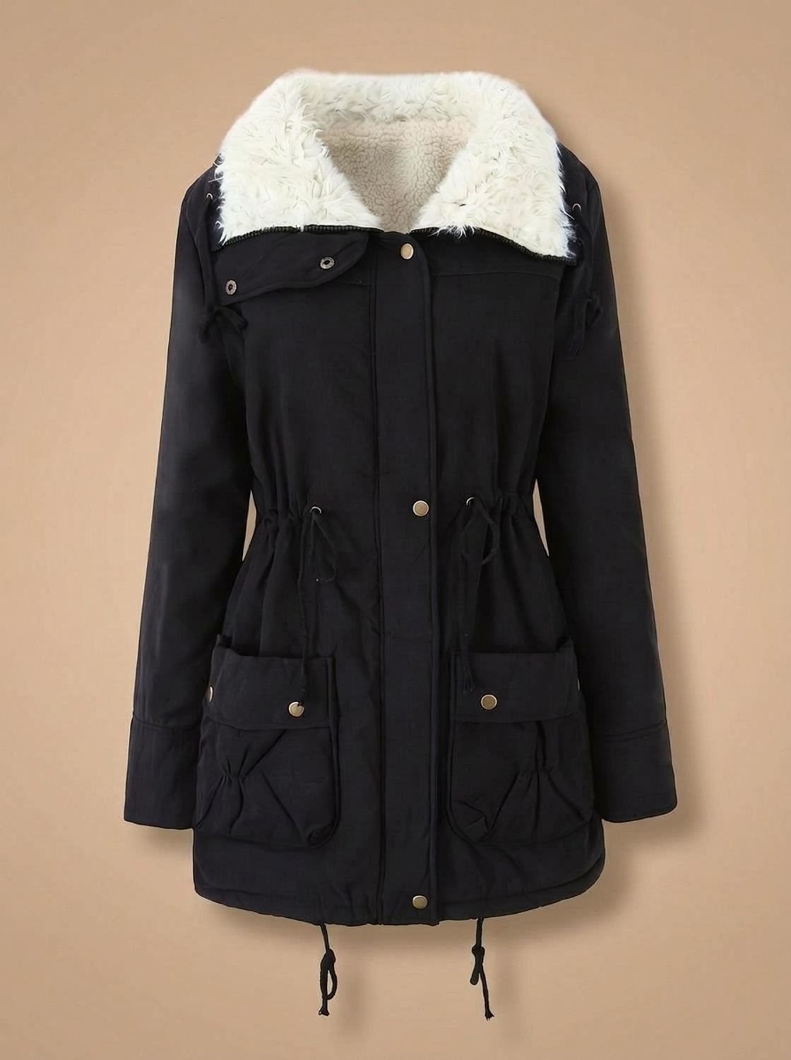 Parka de invierno de largo medio con cuello de piel sintética y cintura ajustable con cordón para mujer