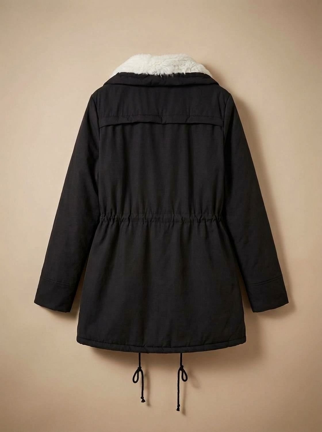 Parka de invierno de largo medio con cuello de piel sintética y cintura ajustable con cordón para mujer