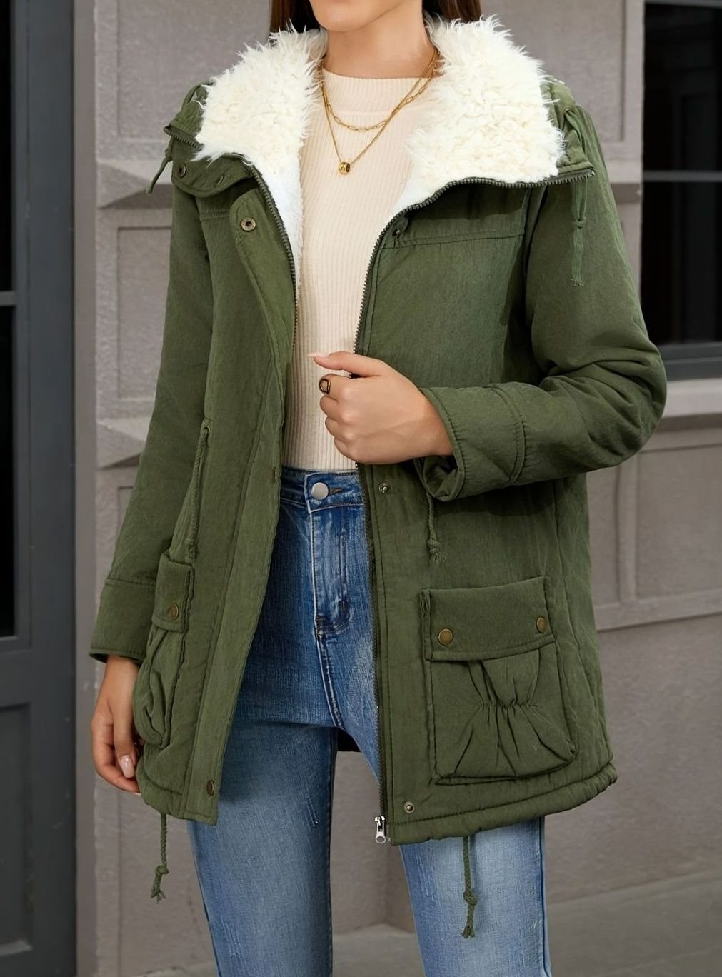 Parka de invierno con cuello de piel sintética y cintura ajustable con cordón para mujer