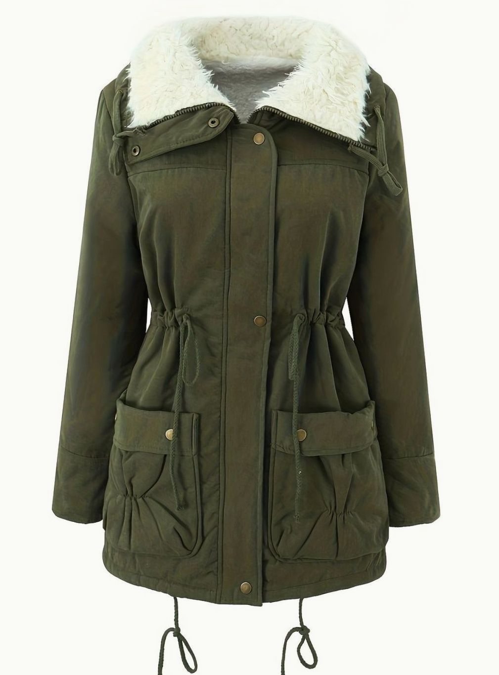 Parka de invierno con cuello de piel sintética y cintura ajustable con cordón para mujer