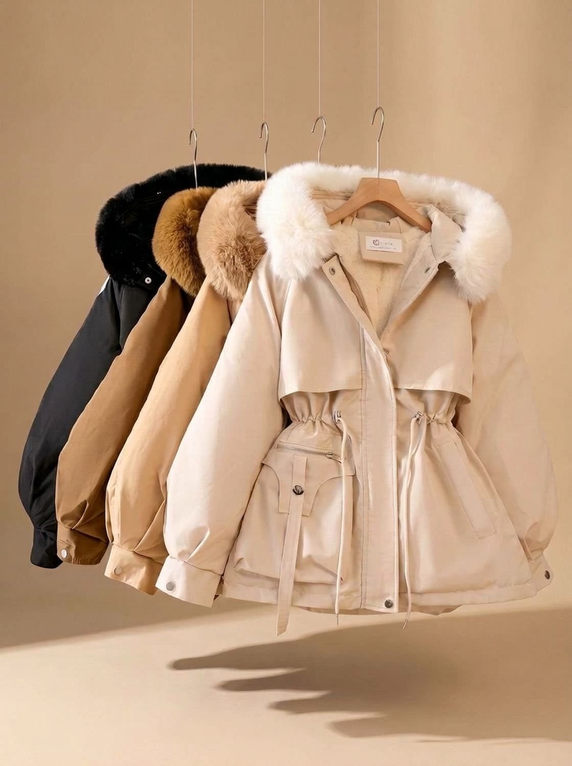 Chaqueta acolchada de piel sintética con capucha, cordón y cintura ajustada para mujer