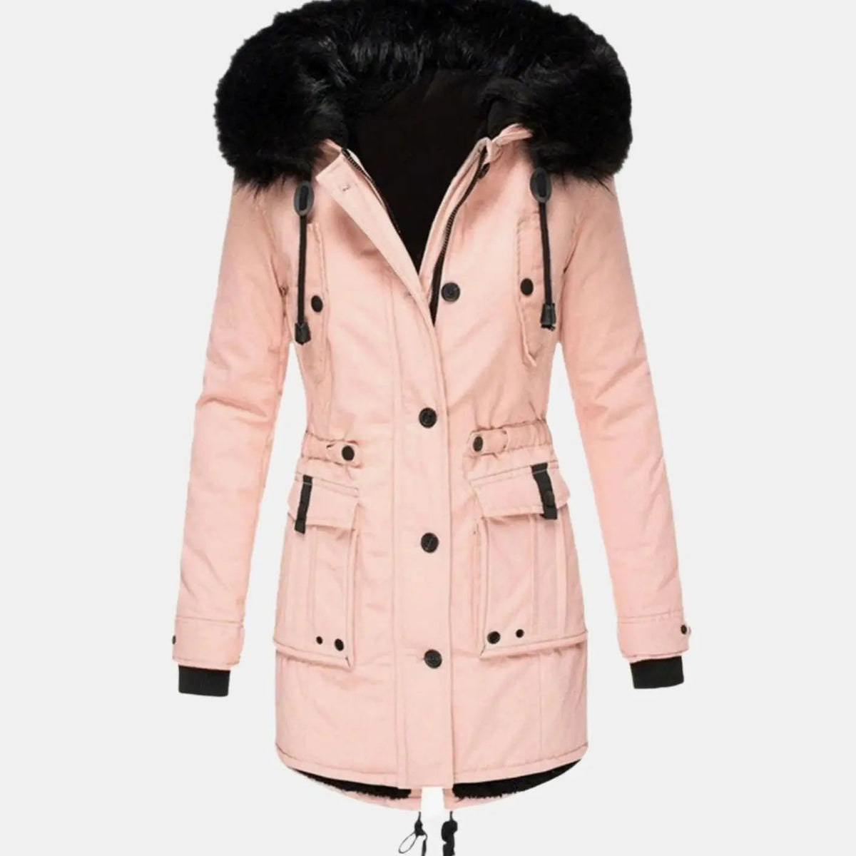 Abrigo entallado de invierno de mujer con capucha de piel sintética