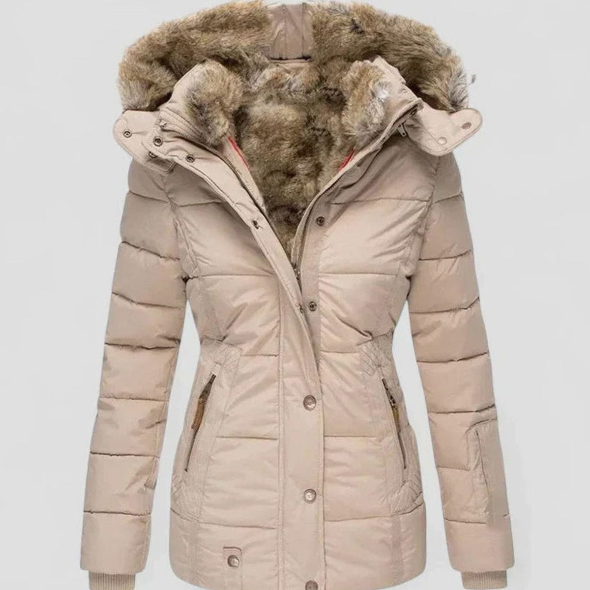 Abrigo acolchado de invierno de mujer con capucha de piel sintética