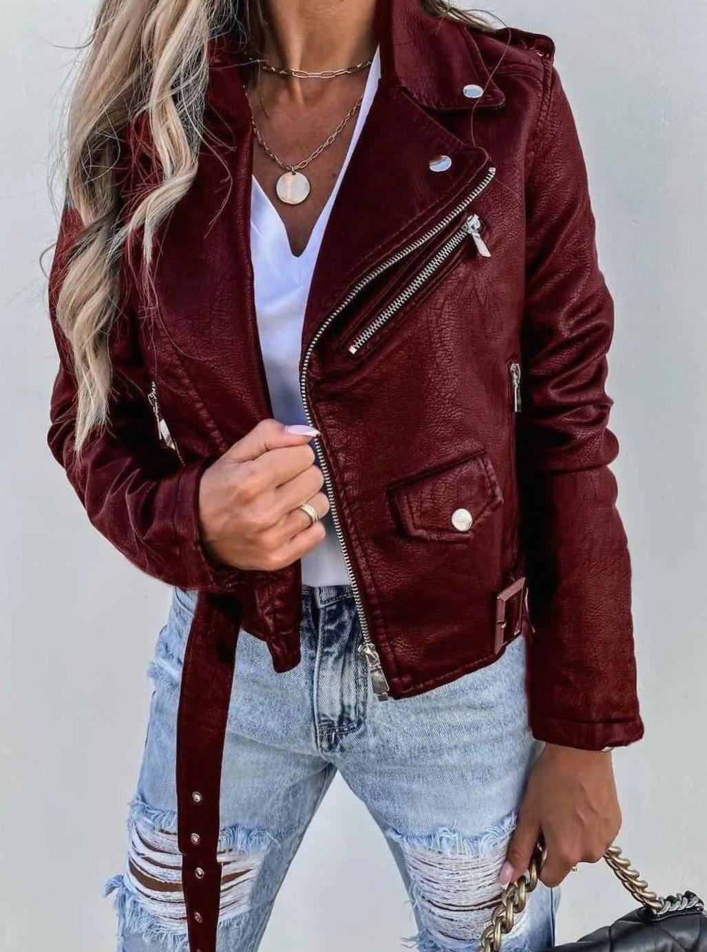 Chaqueta biker asimétrica de mujer de cuero sintético con cremallera, negra