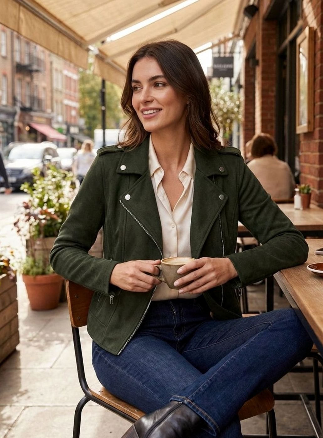 Chaqueta motera de ante sintético con cremallera asimétrica para mujer