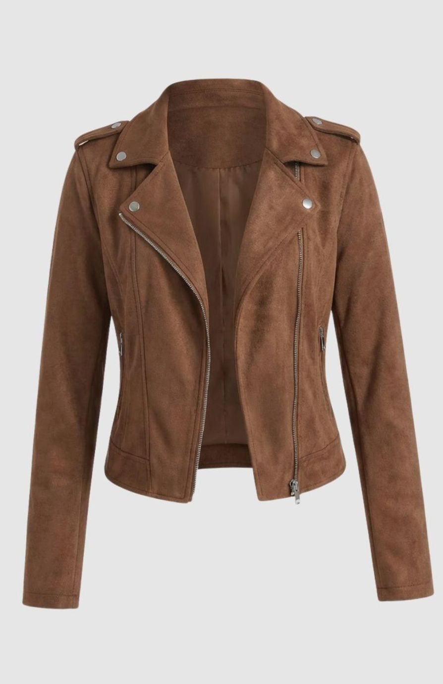Chaqueta motera de ante sintético con cremallera asimétrica para mujer
