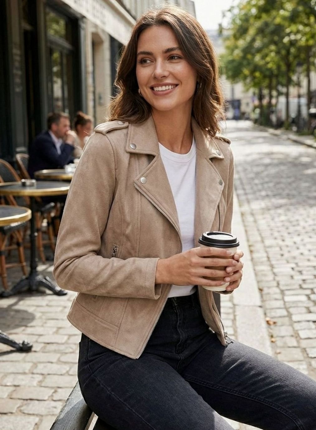 Chaqueta motera de ante sintético con cremallera asimétrica para mujer