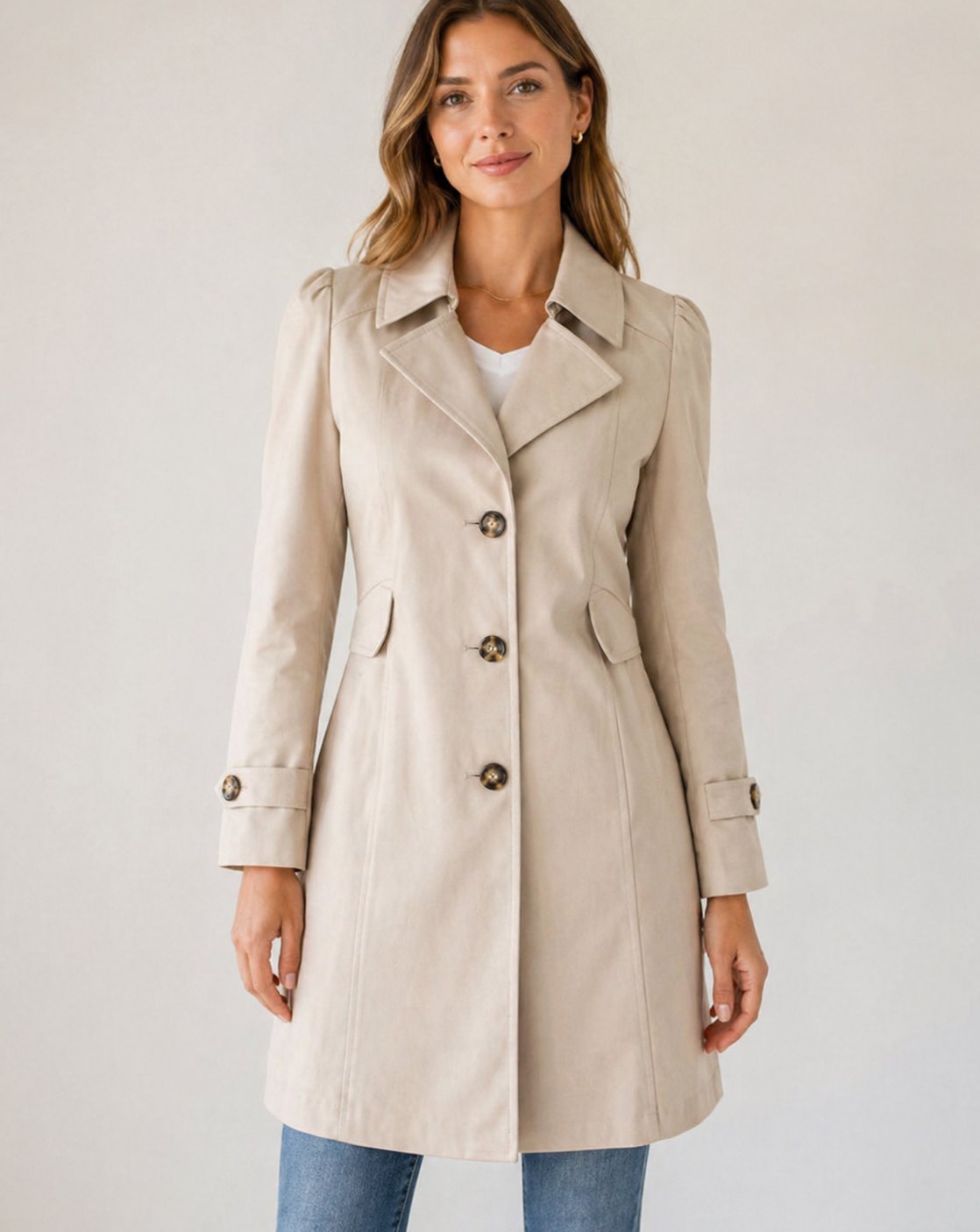 Gabardina corta entallada de corte sastre y con botones para mujer