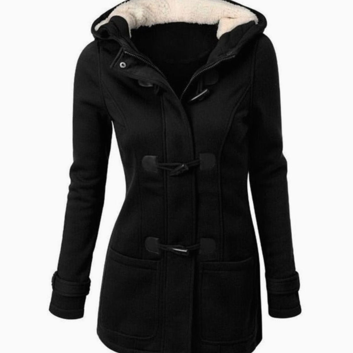 Abrigo de invierno con capucha, forro polar y botones de palanca para mujer