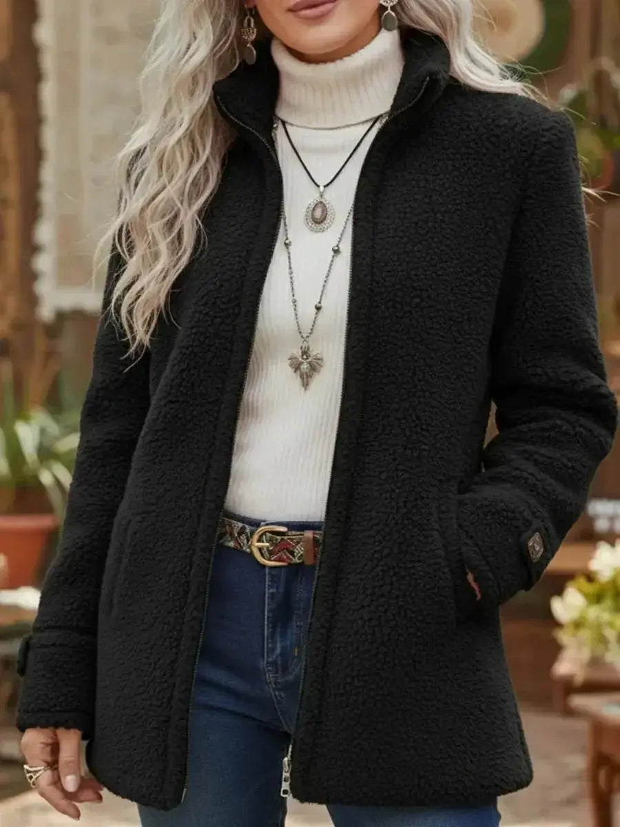 Abrigo de forro polar tipo teddy con cremallera y cuello alto para mujer