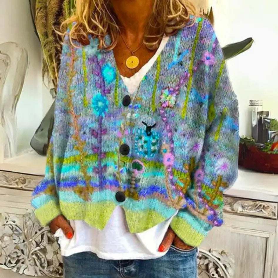 Chaleco acolchado tipo cárdigan de punto con estampado floral y botones para mujer