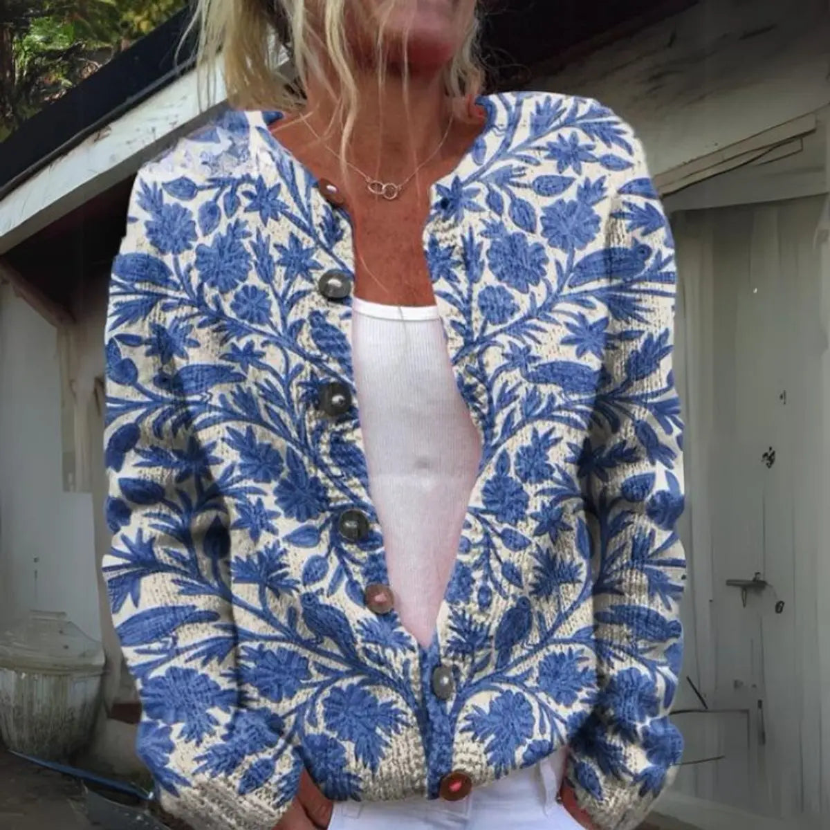 Chaleco cárdigan de punto con estampado floral y botones para mujer