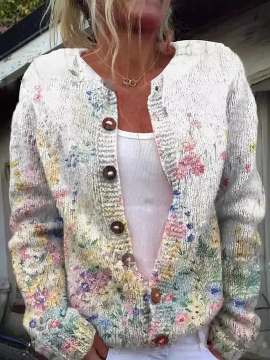 Chaleco cárdigan de punto con estampado floral y botones para mujer