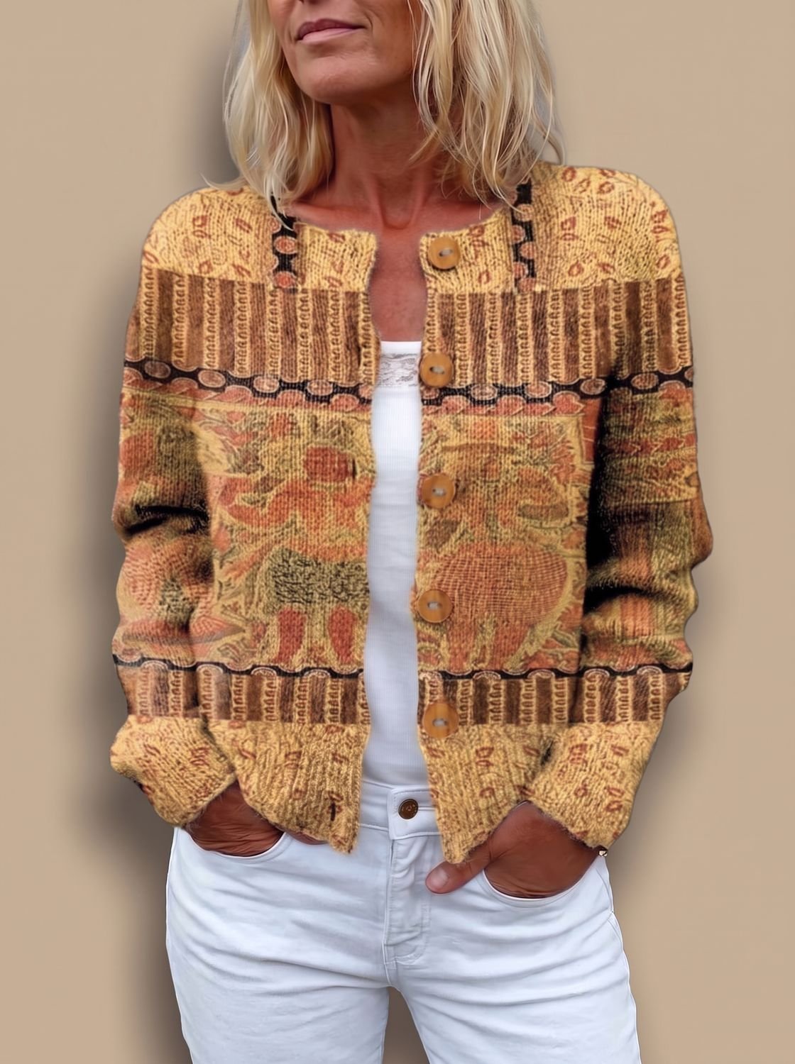 Cárdigan de punto con estampado floral, manga larga y botones delanteros para mujer