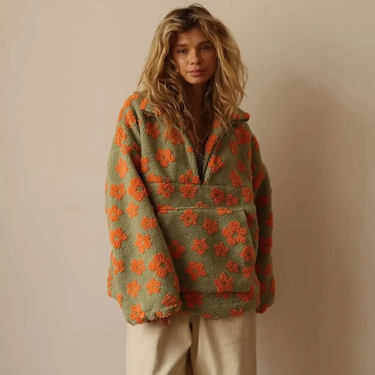 Jersey extragrande de forro polar sherpa con estampado floral y media cremallera para mujer