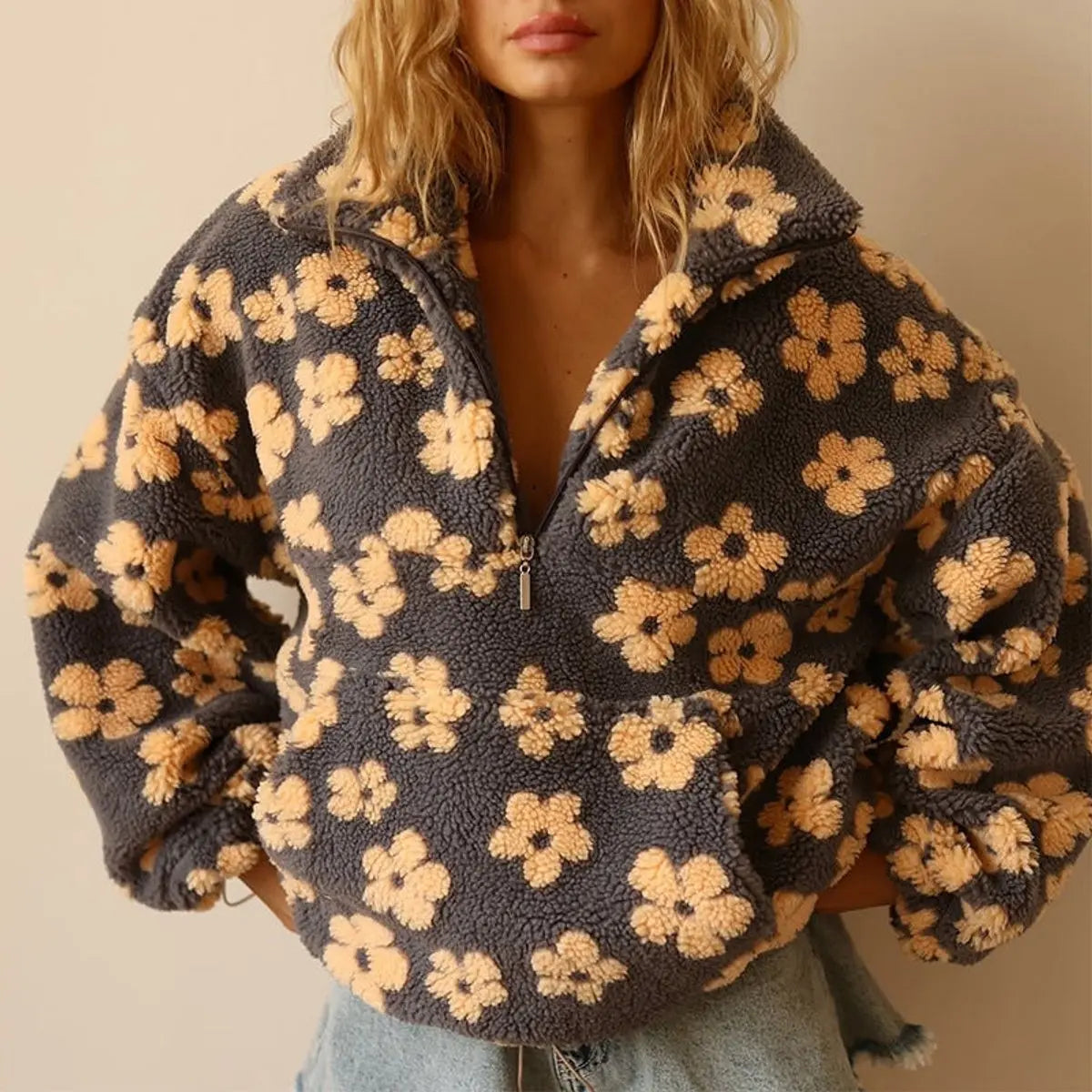 Jersey extragrande de forro polar sherpa con estampado floral y media cremallera para mujer