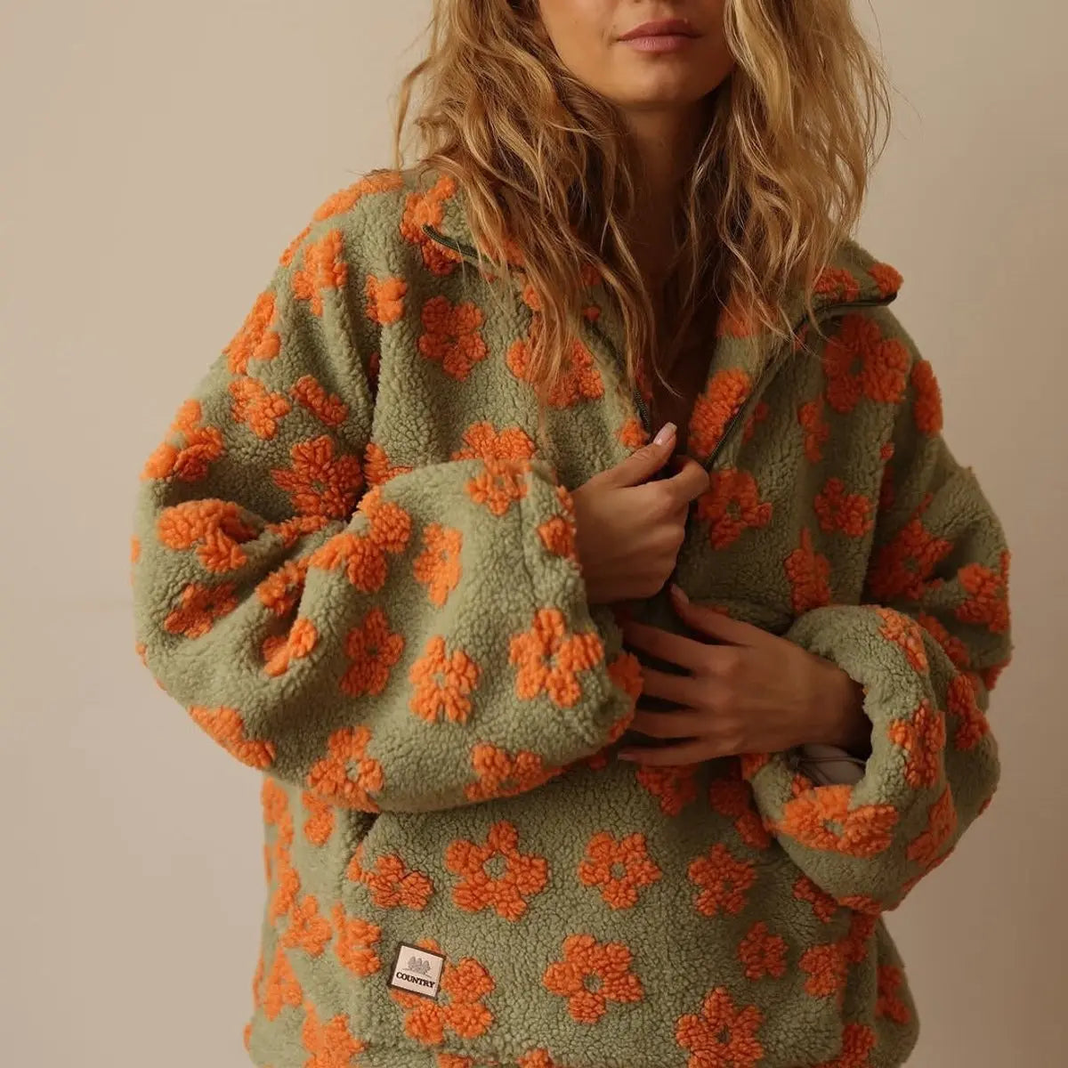 Jersey extragrande de forro polar sherpa con estampado floral y media cremallera para mujer