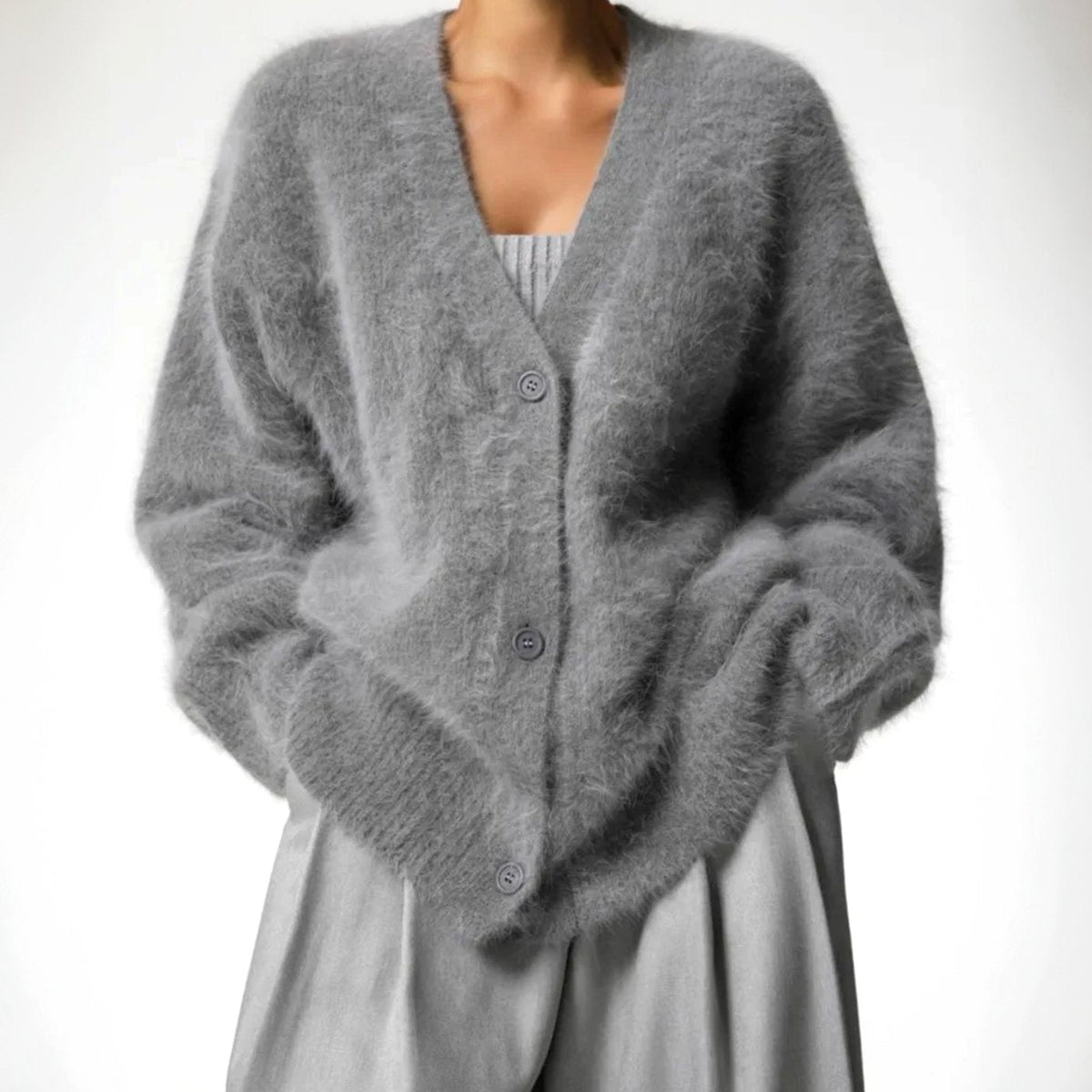 Cárdigan mullido de mezcla de mohair, cuello de pico y botones para mujer