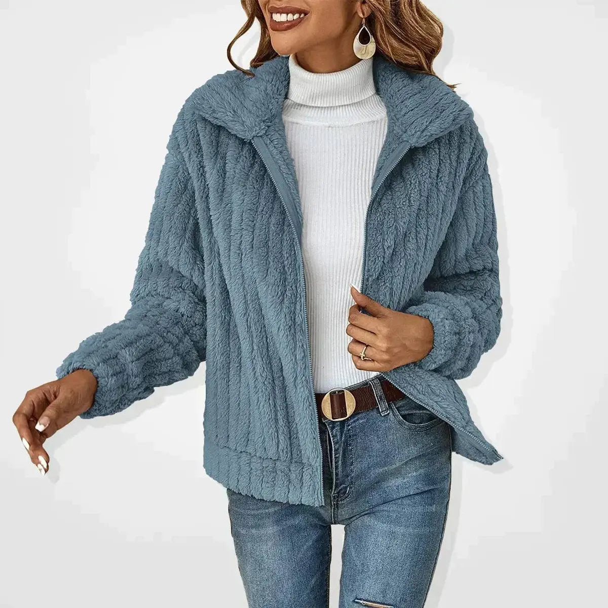 Chaqueta acolchada mullida con cremallera y abrigo de forro polar tipo teddy para mujer
