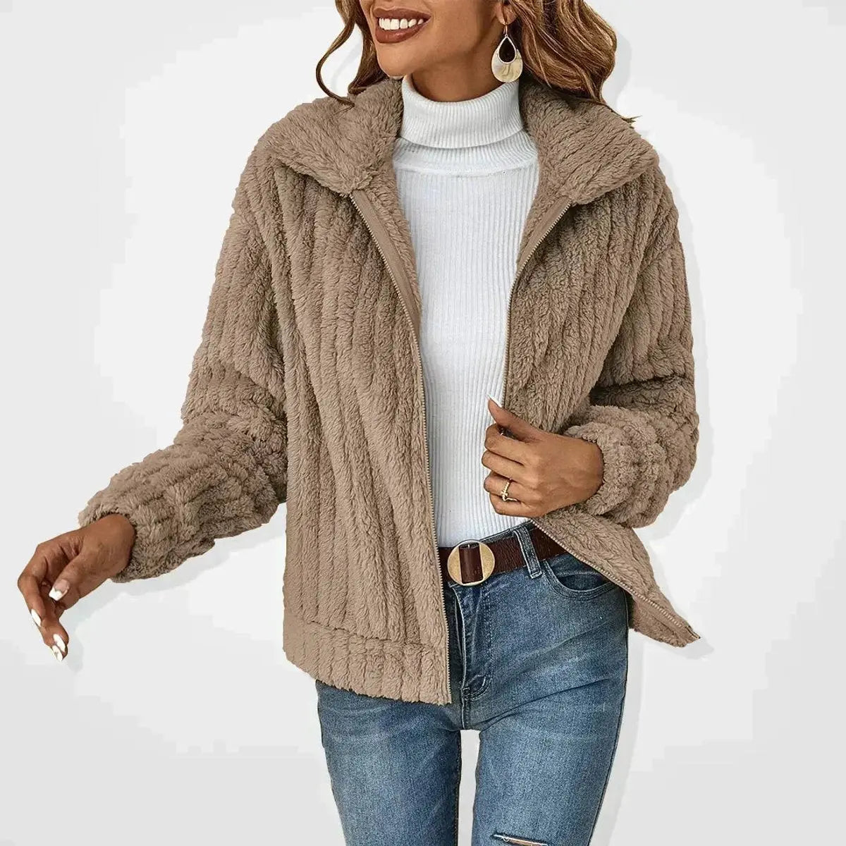 Chaqueta acolchada mullida con cremallera y abrigo de forro polar tipo teddy para mujer