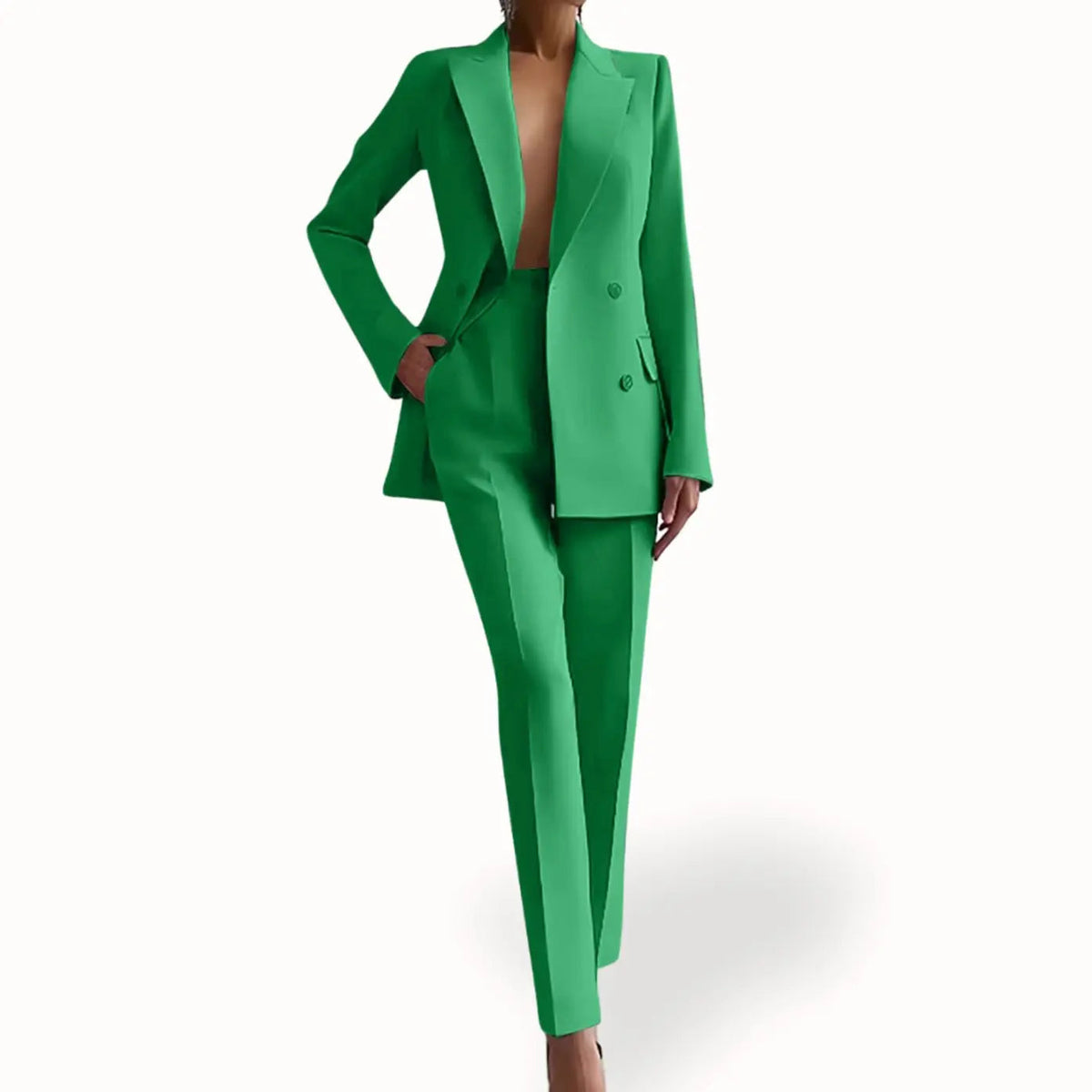 Conjunto de traje formal entallado para mujer, con blazer largo cruzado y pantalón