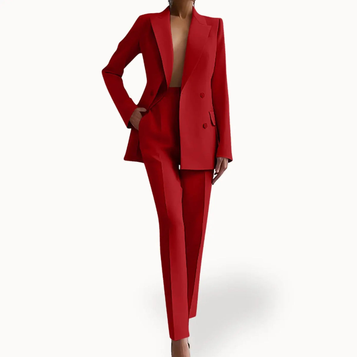 Conjunto de traje formal entallado para mujer, con blazer largo cruzado y pantalón