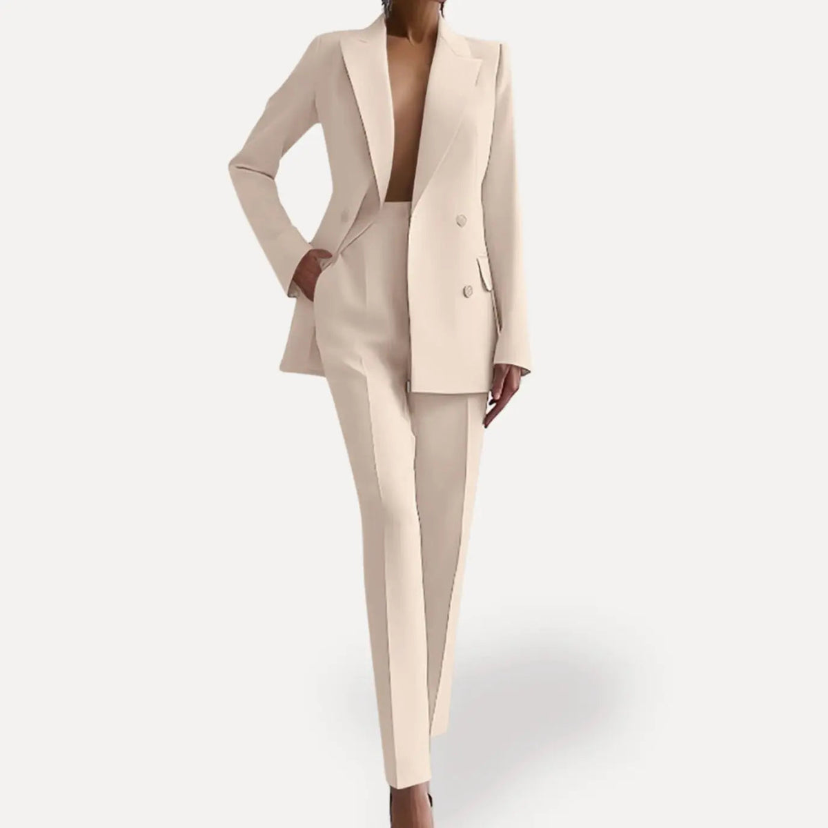 Conjunto de traje formal entallado para mujer, con blazer largo cruzado y pantalón